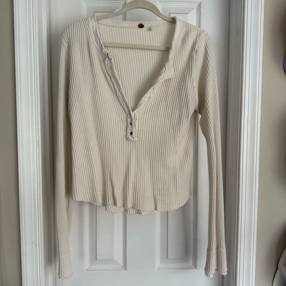 Free People Cream Textured Long Sleeve Top